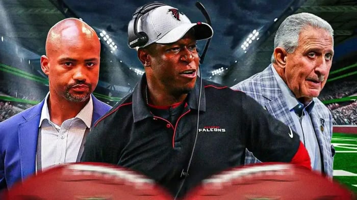 Atlanta Falcons general manager Terry Fontenot (left), coach Raheem Morris (middle), and owner Arthur Blank (right).